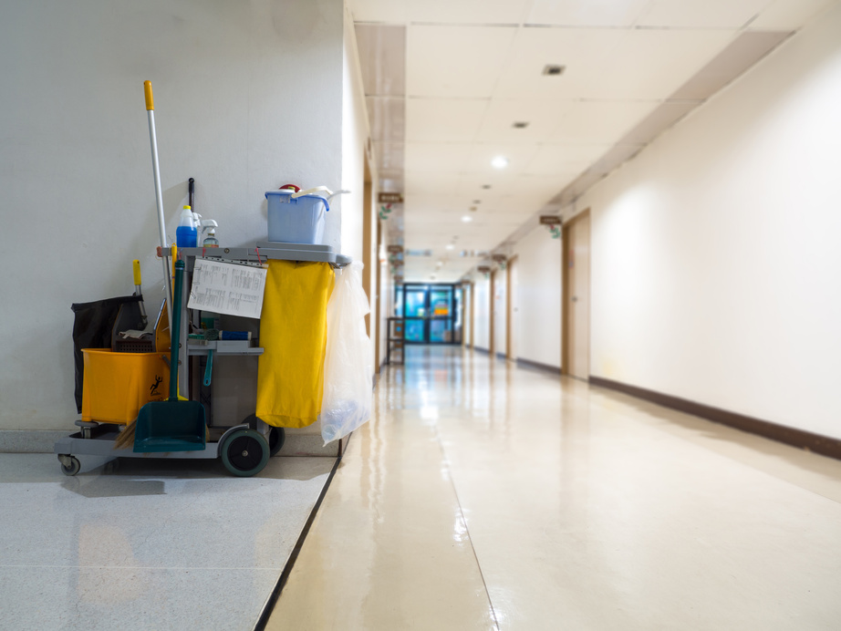 Cleaning tools cart wait for maid or cleaner in the hospital. Bucket and set of cleaning equipment in the hospital. Concept of service, worker and equipment for cleaner and health